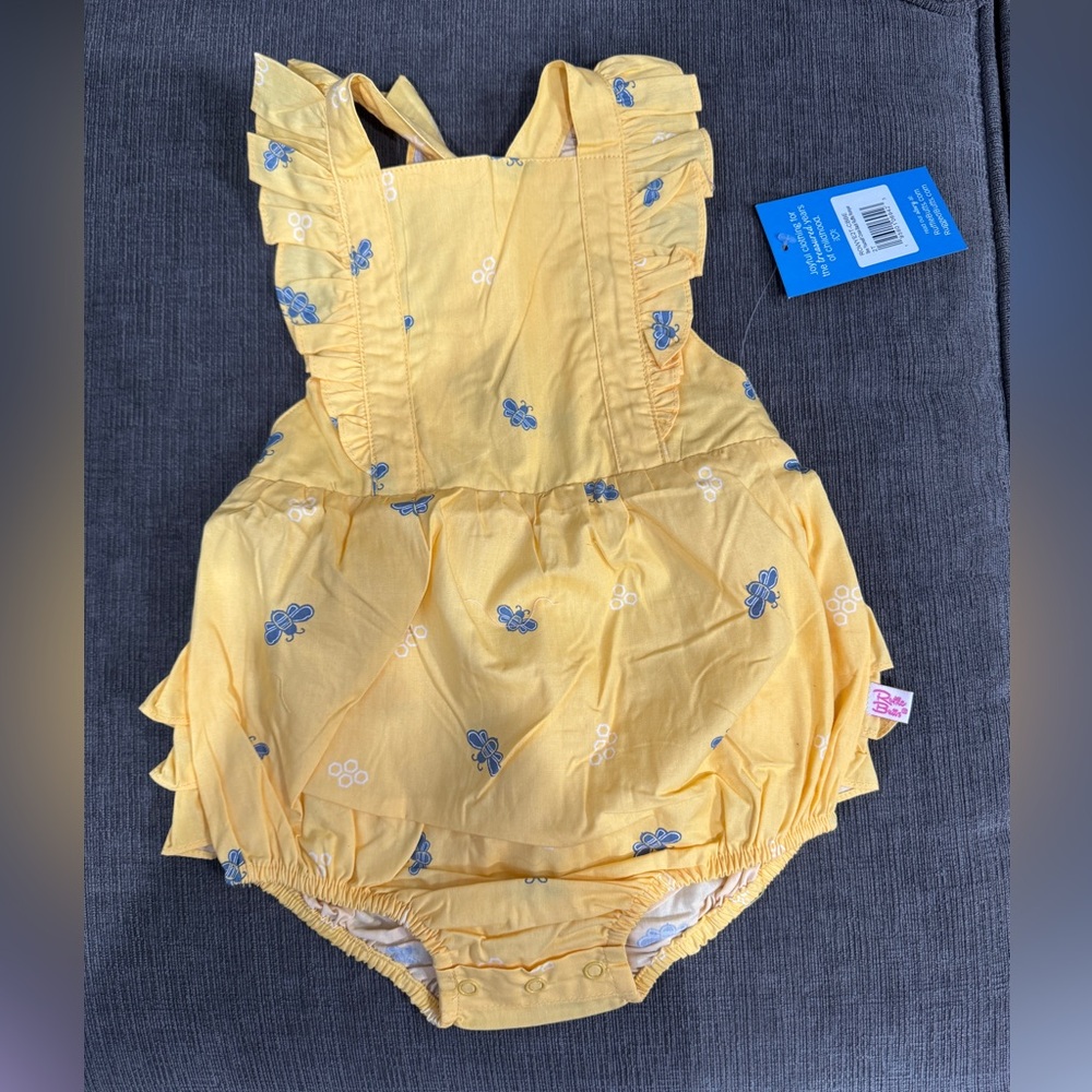 Ruffle Butts Yellow Baby Romper with Blue bumblebee Accents, NWT